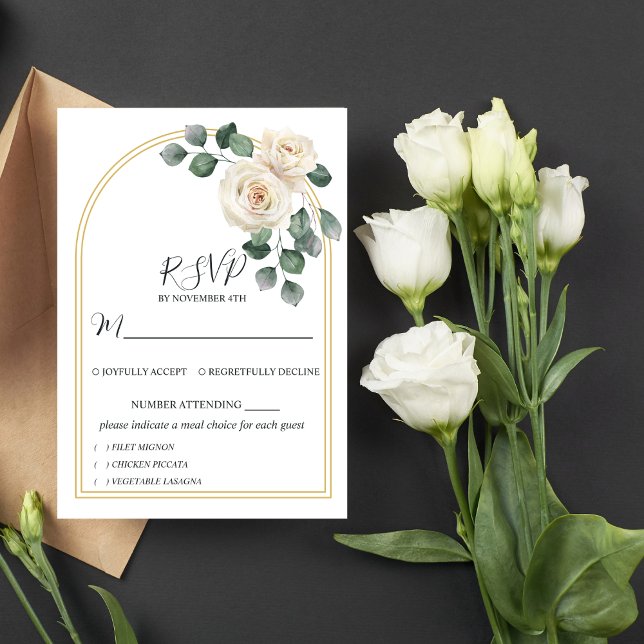 White roses Spring Floral Romantic Wedding RSVP Card (Angled view elegant luxury classic gold white foliage soft botanical romantic timeless wedding RSVP )