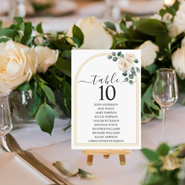 White roses Spring Floral Romantic Wedding Table Number (Front view minimal floral golden wedding arch elegant luxury classic wedding table number card)