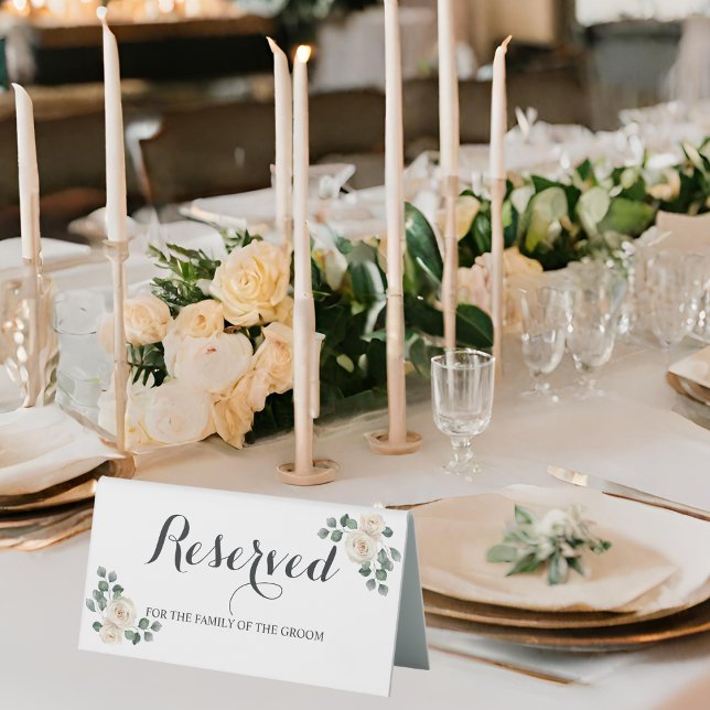 White roses Spring Floral Romantic Wedding Table Tent (Angled view soft botanical romantic timeless gold white foliage elegant wedding reserved table sign)