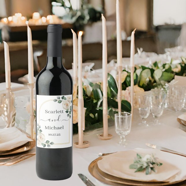 White roses Spring Floral Romantic Wedding Wine Label (Front view elegant luxury classic gold white foliage botanical romantic timeless wedding wine label)