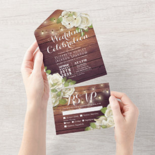 White Roses String Lights Rustic Wood Wedding RSVP All In One Invitation