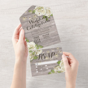 White Roses String Lights Rustic Wood Wedding RSVP All In One Invitation