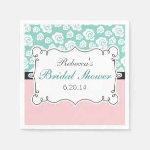 White Roses Teal & Pink Bridal Shower Napkins