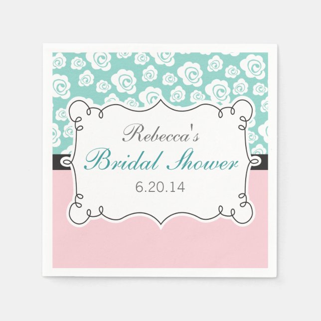 White Roses Teal & Pink Bridal Shower Napkins (Front)