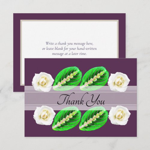 White Roses, Variegated Leaves Botanical Thank You Card