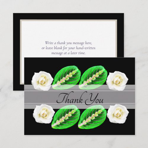 White Roses, Variegated Leaves Botanical Thank You Card