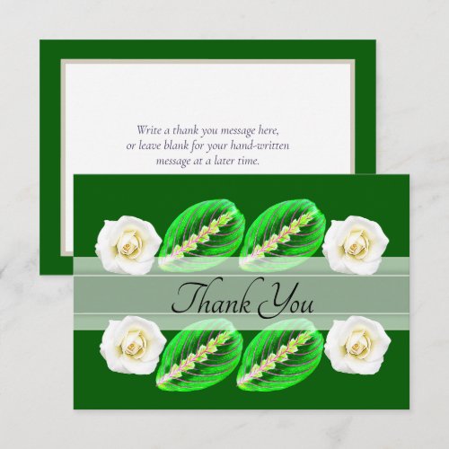 White Roses, Variegated Leaves Botanical Thank You Card