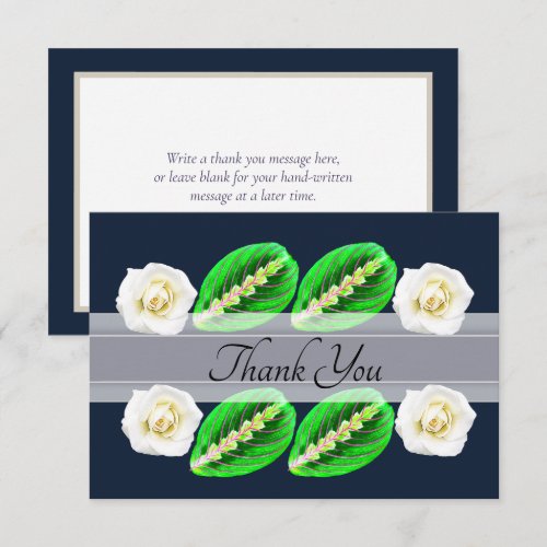 White Roses, Variegated Leaves Botanical Thank You Card