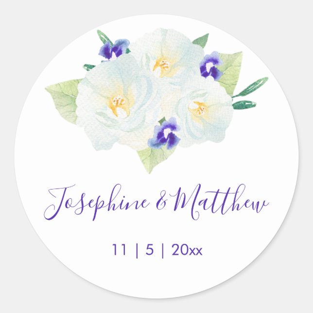 White Roses & Violet Flowers Wedding Classic Round Sticker (Front)
