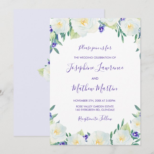 White Roses & Violets Floral Wedding Invitations (Front/Back)