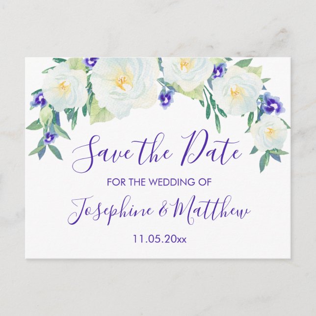 White Roses & Violets Save the Date Announcement Postcard (Front)