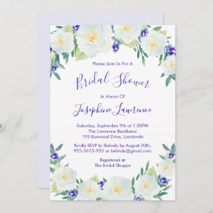 White Roses & Violets Watercolor Bridal Shower Invitation