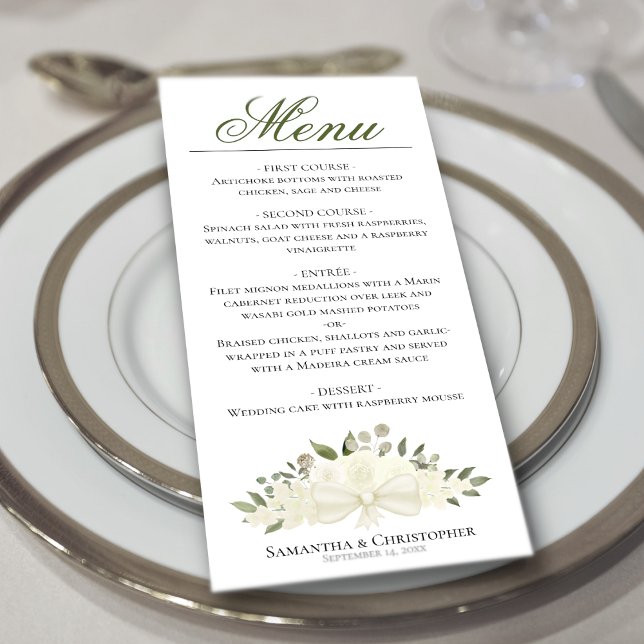 White Roses Watercolor Floral Elegant Wedding Menu (In Situ on Plate)