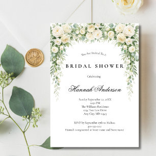 White Roses Watercolor Florals Bridal Shower Invitation