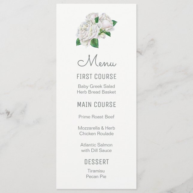 White Roses Watercolor Flower Menus (Front)