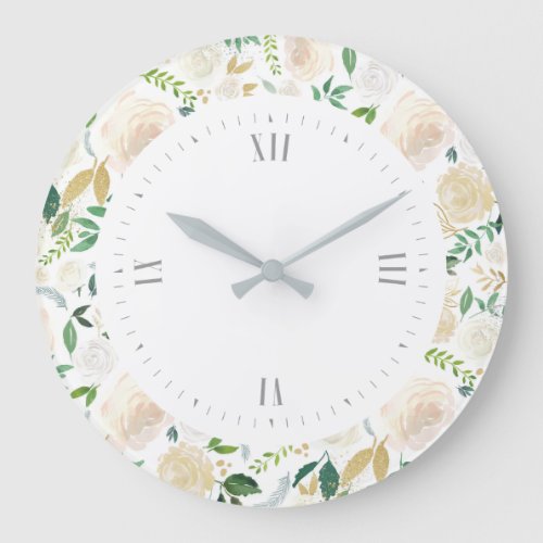 White roses watercolors pattern large clock