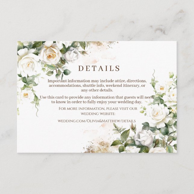 White Roses Wedding Elegant Floral Enclosure Card (Front)