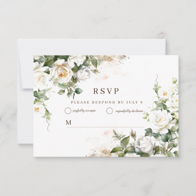 White Roses Wedding Elegant Floral RSVP Card (Front)