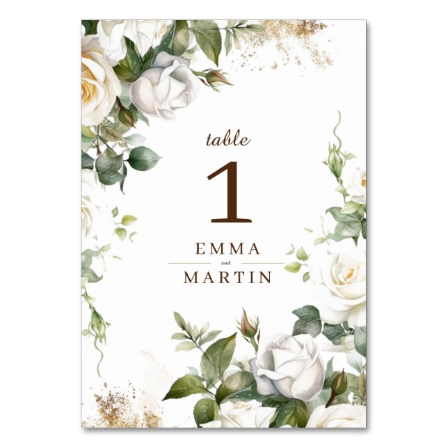 White Roses Wedding Elegant Floral Table Number (Front)