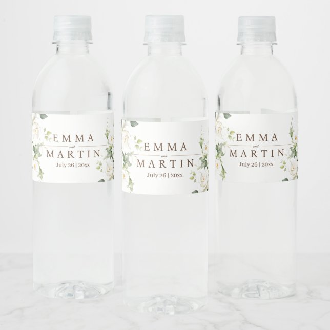 White Roses Wedding Flower Water Bottle Label (Bottles)