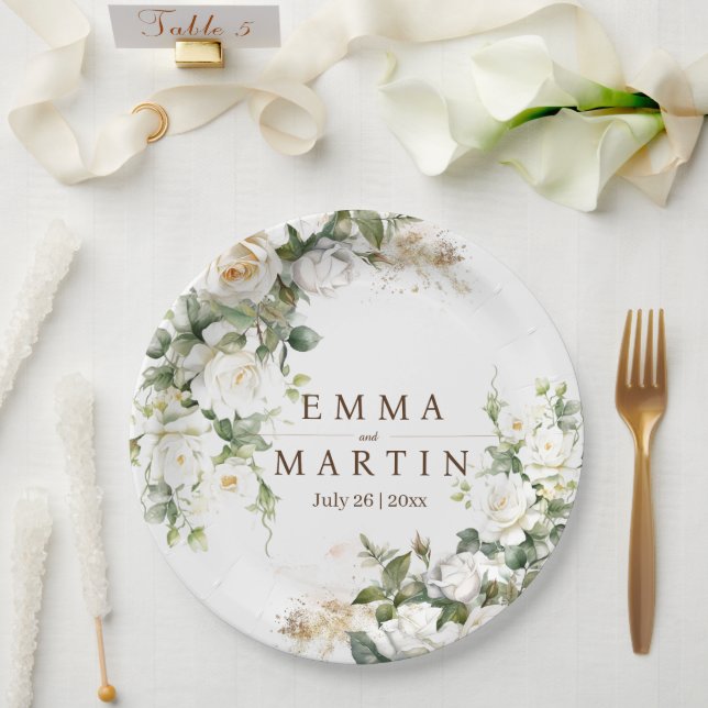 White Roses Wedding Flowers Paper Plates (Wedding)