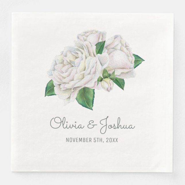 White Roses Wedding Paper Dinner Napkins (Front)