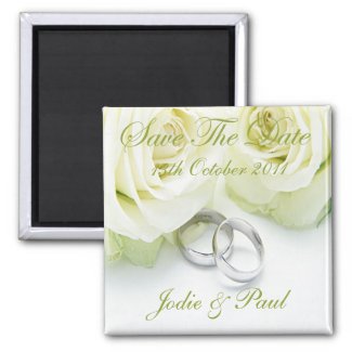 White Roses & Wedding Rings - Save The Date magnet
