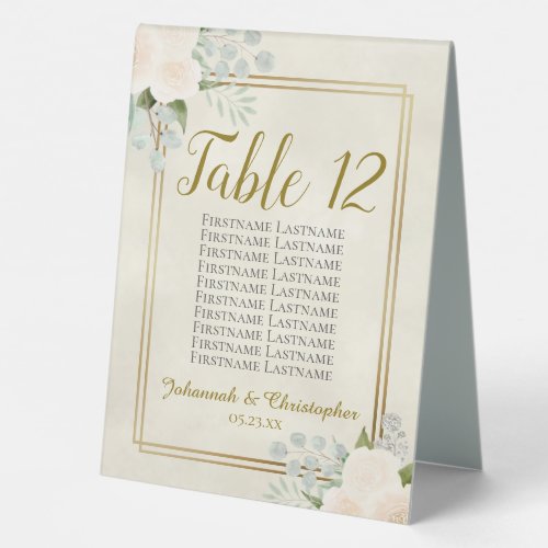 White Roses Wedding Table Number Seating Chart Table Tent Sign