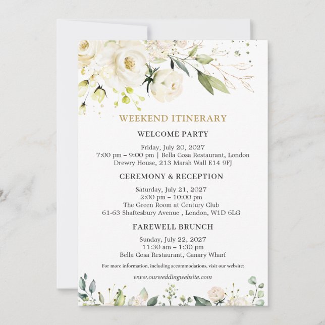 White Roses Wedding Weekend Itinerary Invitation (Front)