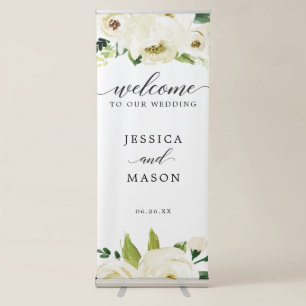 White Roses Wedding Welcome Banner with Stand