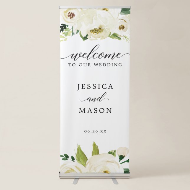 White Roses Wedding Welcome Banner with Stand (Front)
