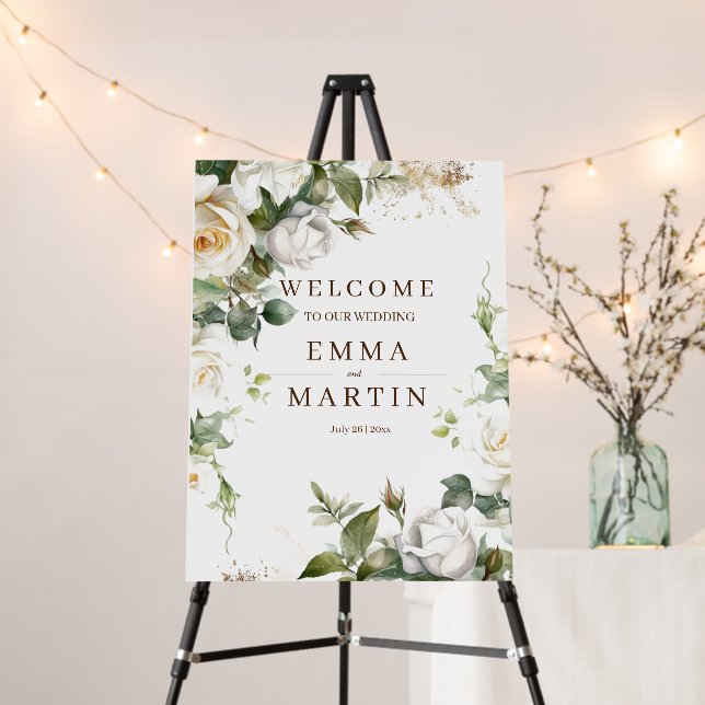 White Roses Wedding Welcome Sign (In Situ (Stand))
