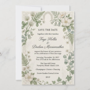 White Roses, Wildflowers, Clover, Ferns, Ivy, Celt Invitation
