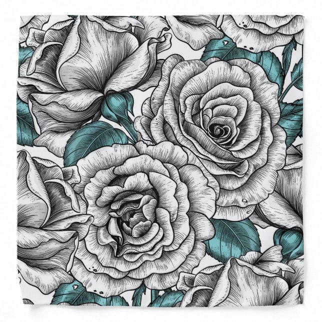 White roses with blue leaves bandana (Front)