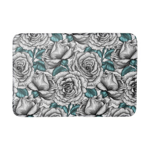 White roses with blue leaves bath mat