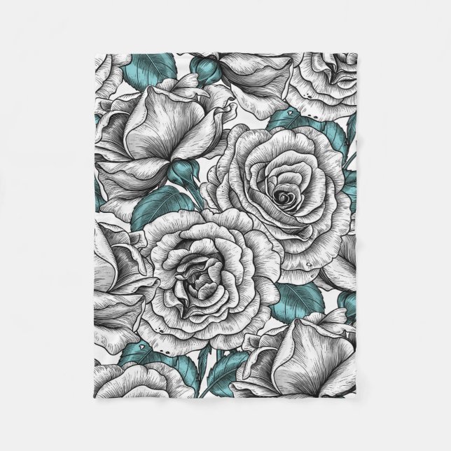 White roses with blue leaves fleece blanket (Front)