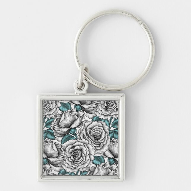 White roses with blue leaves keychain (Front)
