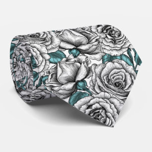 White roses with blue leaves neck tie