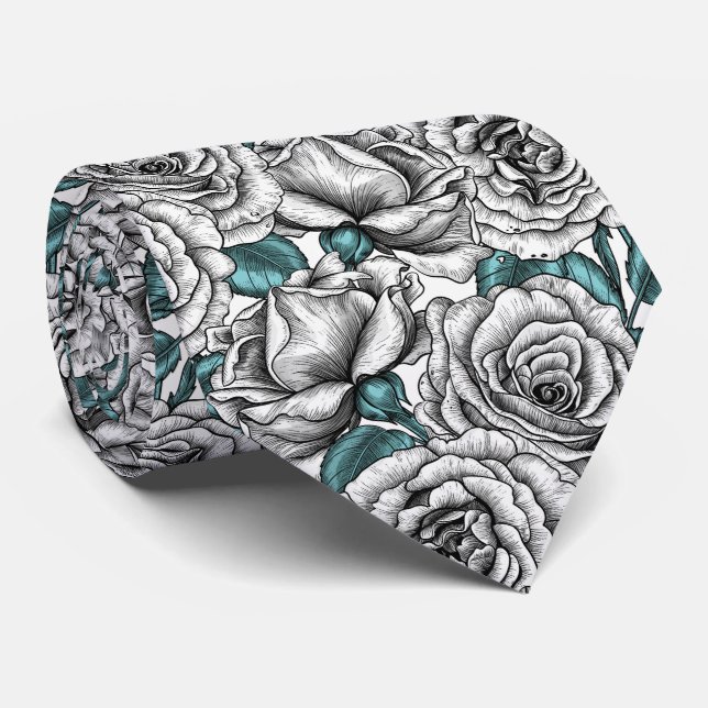 White roses with blue leaves neck tie (Rolled)