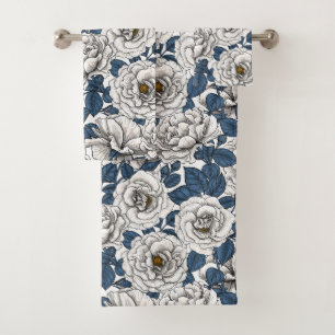 White roses with blue leaves on white bath towel set