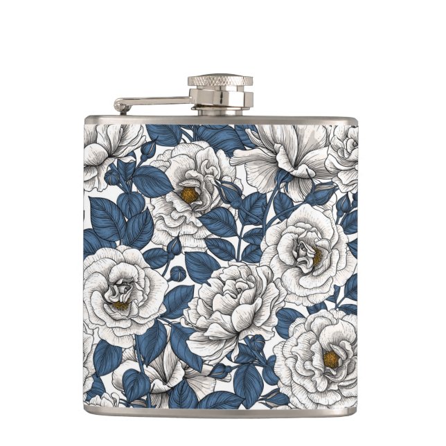White roses with blue leaves on white flask (Front)