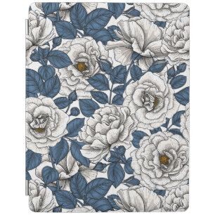 White roses with blue leaves on white iPad smart cover