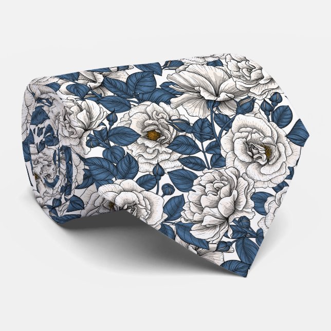 White roses with blue leaves on white neck tie (Rolled)