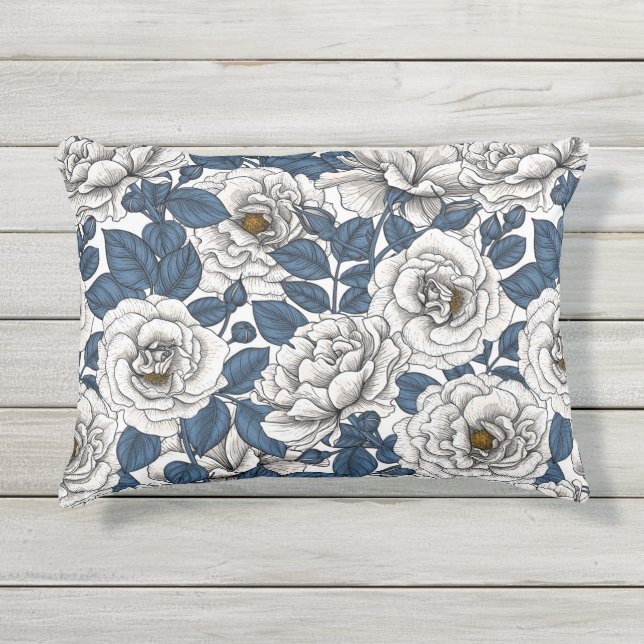 White roses with blue leaves on white outdoor pillow (Front)