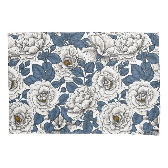 White roses with blue leaves on white pillow case (Front-Left)