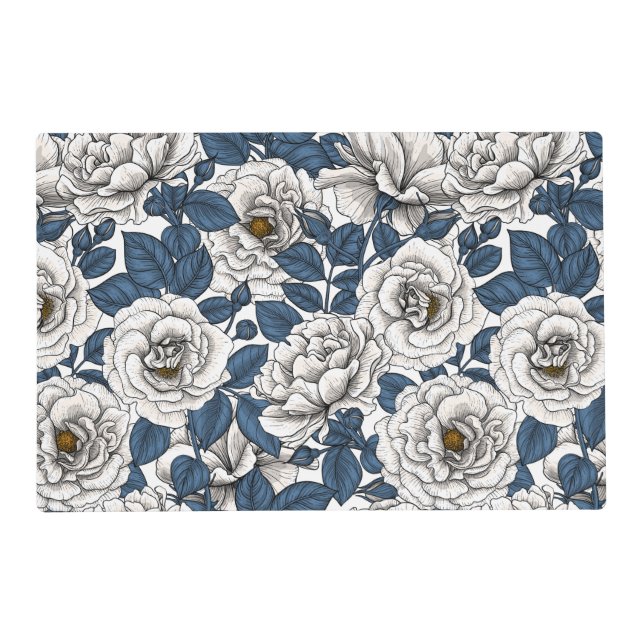 White roses with blue leaves on white placemat (Front)