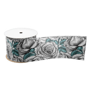 White roses with blue leaves satin ribbon