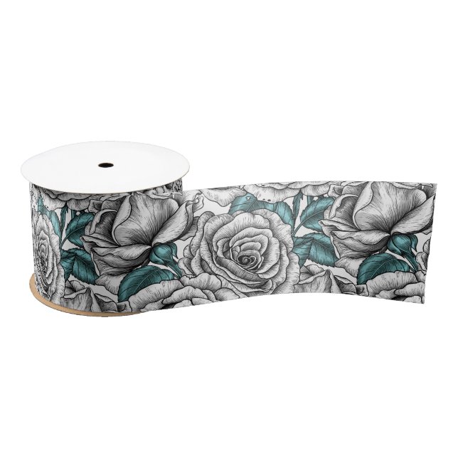 White roses with blue leaves satin ribbon (Spool)
