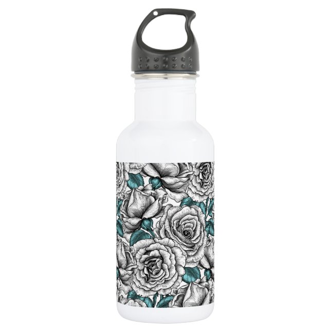 White roses with blue leaves stainless steel water bottle (Front)