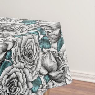 White roses with blue leaves tablecloth